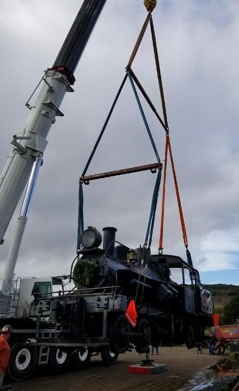 Lifting a rare historic steam locomotive in Novato, CA, using engineered spreader bars to balance and protect the load